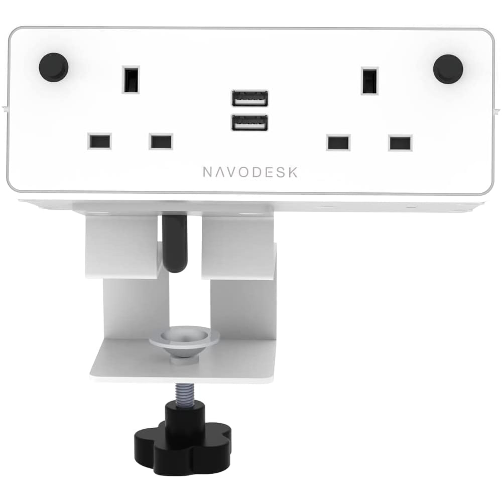 Navodesk Desk Hub and Clamp Power Strip With USB Charging Ports, 2 Way Power Extension, 3 Pin Plug With 1.8m Cord (White)