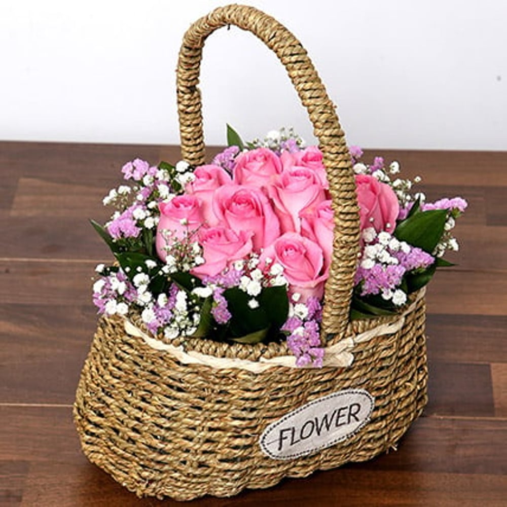 Soft Pink Roses Basket