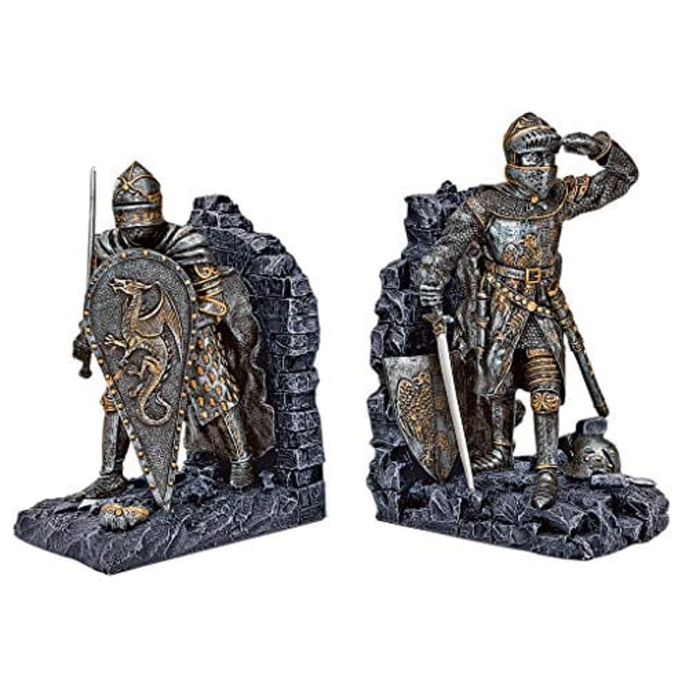 Design Toscano Arthurian Knight Medieval Decor Bookend Statues, 8 Inch, Set Of Two, Grey Stone