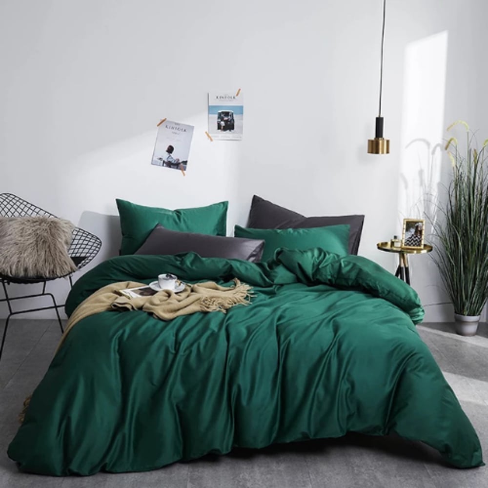 Luna Home Queen/double Size 6 Pieces Bedding Set Without Filler, Plain Emerald Green Color