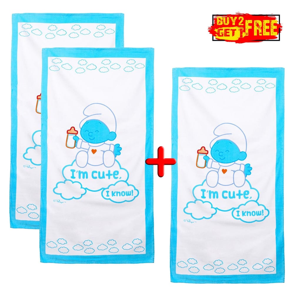 Smurfs Kid's Soft Hand Feel Printed Beach Towel 100% Cotton Bath/Pool/Beach Towel 70x140 cms - White&Blue (Buy 2 Get 1 Free)