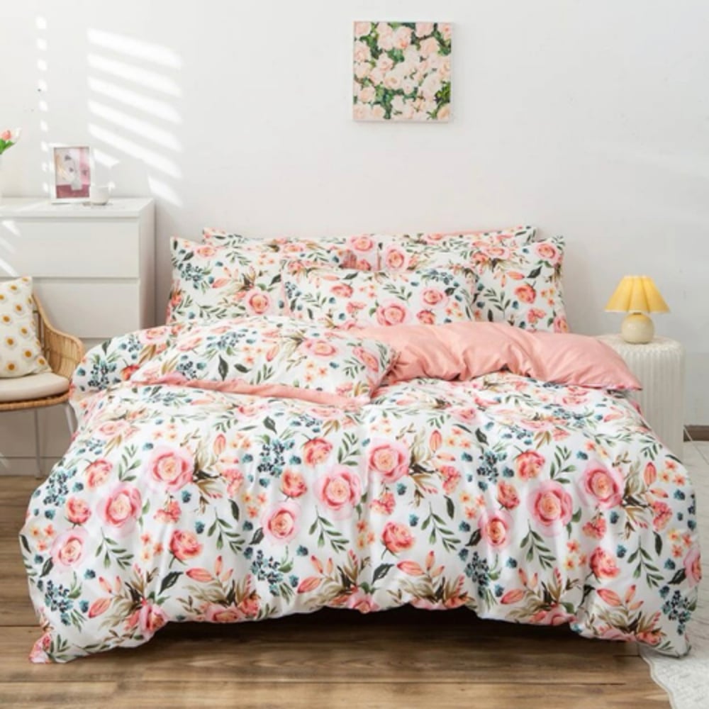 Luna Home Queen/double Size 6 Pieces Bedding Set Without Filler, Pink Roses Design Luna Home Queen/double Size 6 Pieces Bedding Set Without Filler, Pink Roses Design