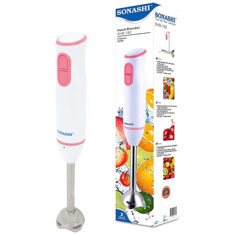 Sonashi Hand Blender With Detachable Stainless Steel Shaft, SHB-182, 200W, White/Pink Sonashi Hand Blender With Detachable Stainless Steel Shaft, SHB-182, 200W, White/Pink