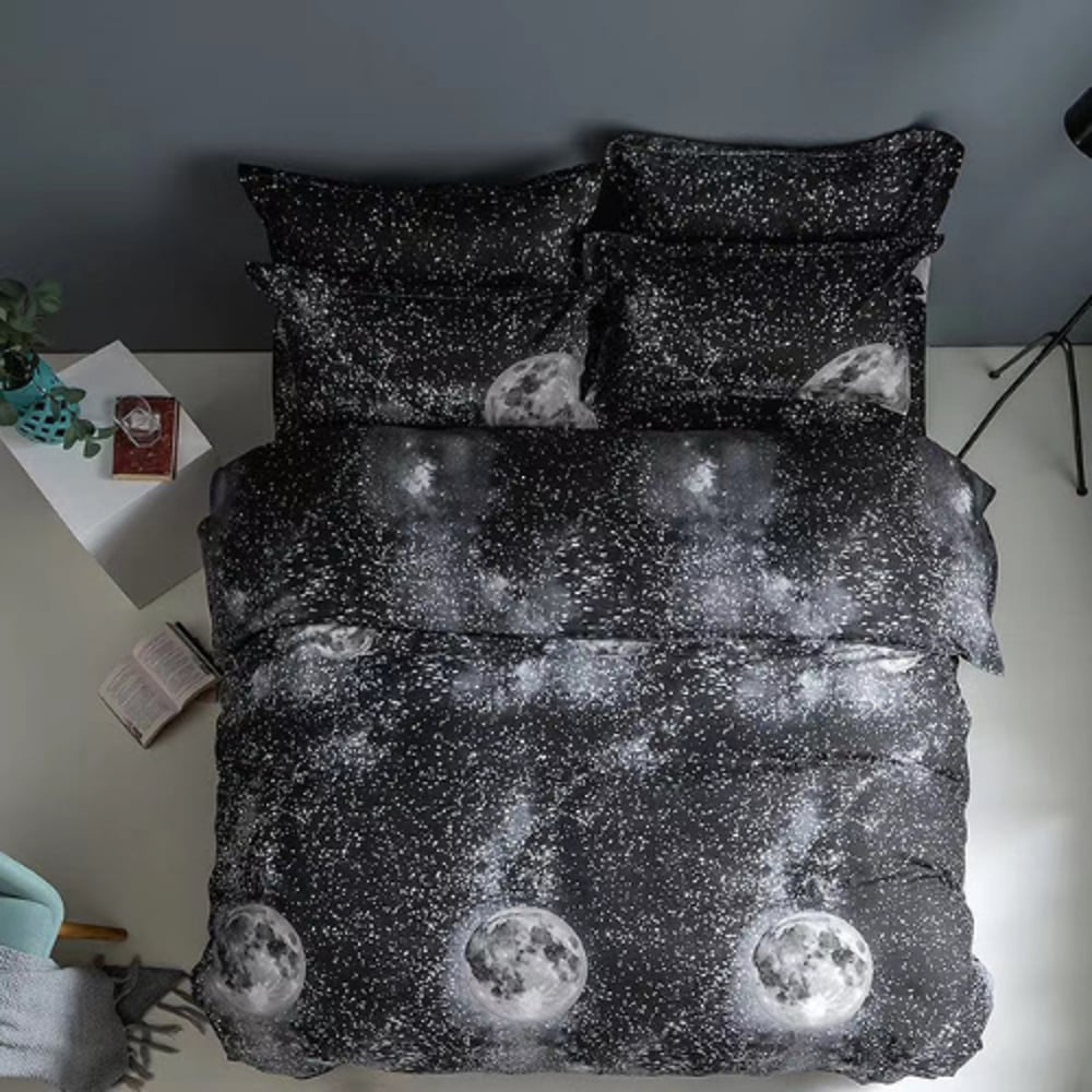 DEALS FOR LESS - Single Size, Duvet Cover, Bedding Set of 4 Pieces, Black with moon Design, 1 Duvet cover + 1 Fitted bedsheet + 2 pillow covers DEALS FOR LESS - Single Size, Duvet Cover, Bedding Set of 4 Pieces, Black with moon Design, 1 Duvet cover + 1 Fitted bedsheet + 2 pillow covers