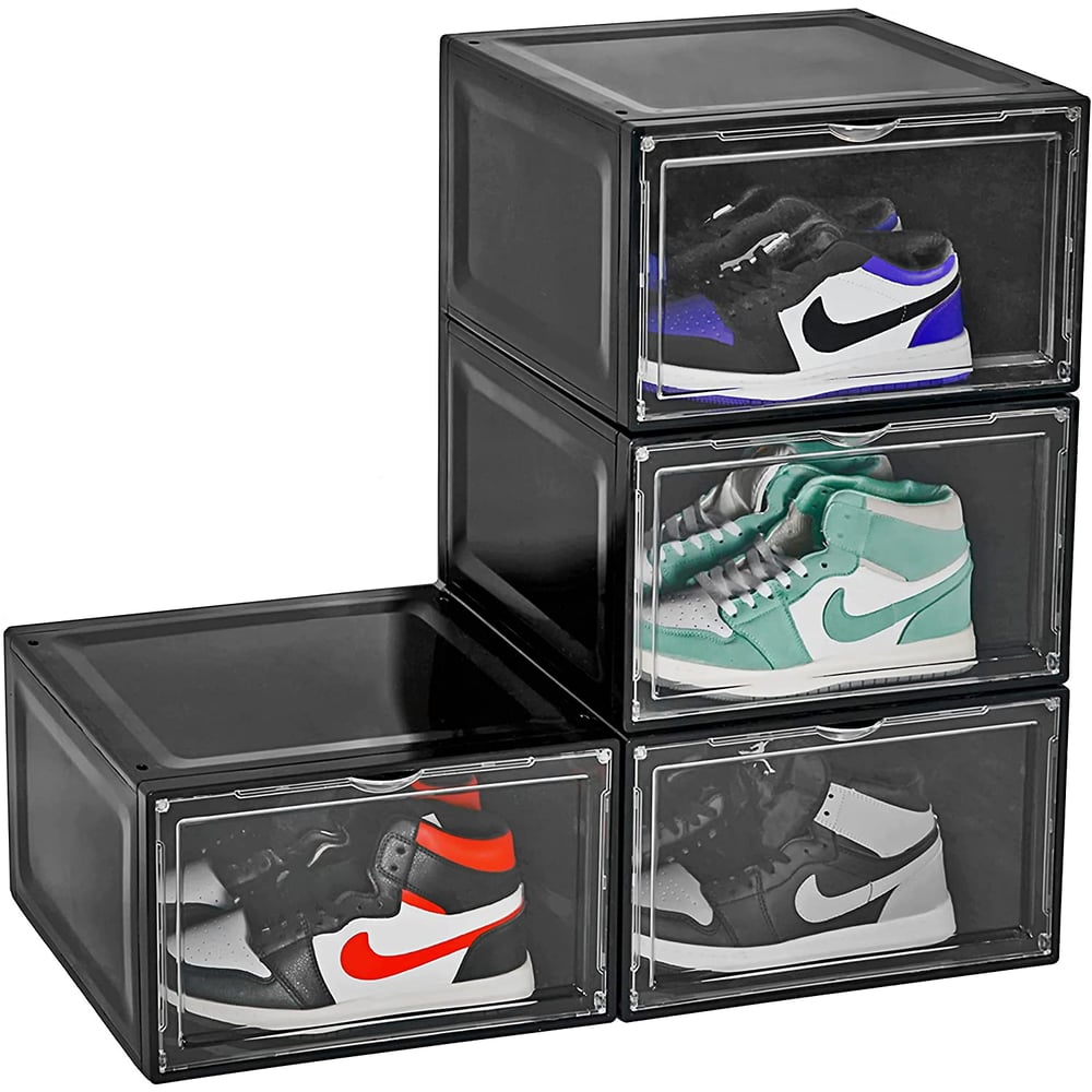 1CHASE shoe Storage Box (4 Box Set) Black, Side Open Storage Organizer Boxes,stores Shoes Size Up To Uk 46