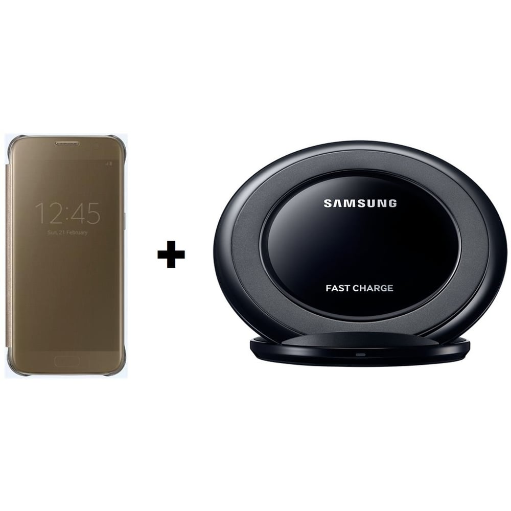 Samsung EFZG935CFEGAE Clear View Cover Gold For Galaxy S7 Edge + EP-NG930BBEGAE Universal Wireless Charging Stand Black Samsung EFZG935CFEGAE Clear View Cover Gold For Galaxy S7 Edge + EP-NG930BBEGAE Universal Wireless Charging Stand Black