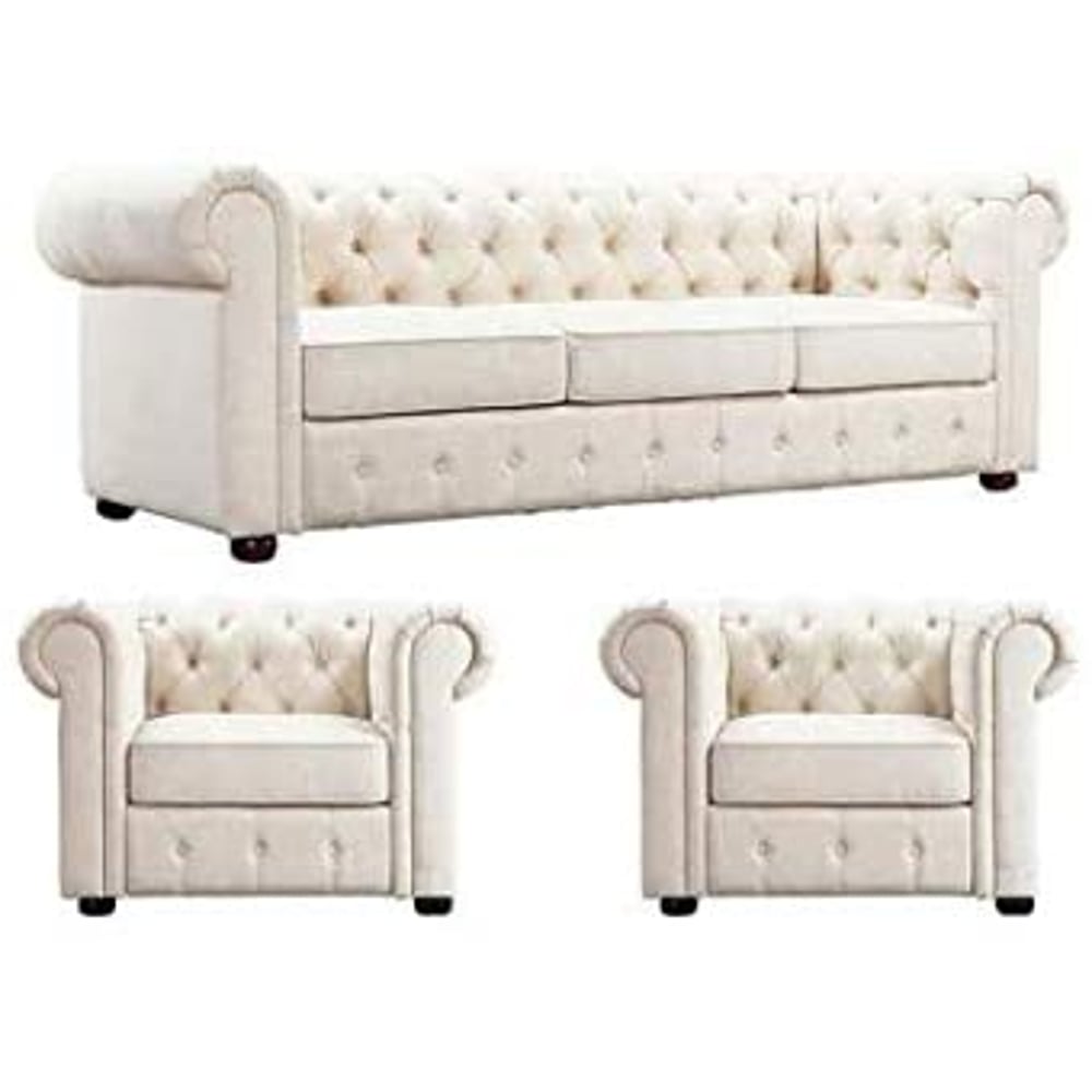 MAB - 5 Seat Chesterfield Tufted Jewel Toned Velvet Sofa with Scroll Arms, Beige MAB - 5 Seat Chesterfield Tufted Jewel Toned Velvet Sofa with Scroll Arms, Beige