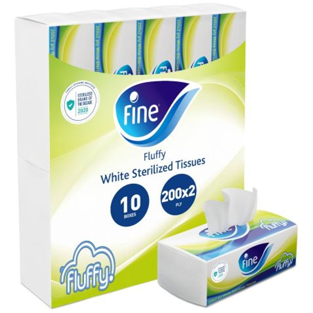 Fine Fluffy, Facial Tissues 200X2 Ply White Tissues, Pack Of 10 Boxes, 2000 Tissues