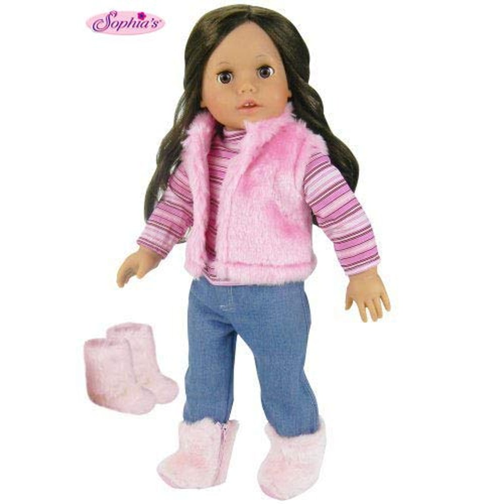 Sophia's Doll Clothes For 18 Inch Doll 4 Pc. Doll Outfit Set Of Pink Fur Vest, Shirt, Jeans, And Fur Boots Made, Fits 18 Inch American Girls Sophia's Doll Clothes For 18 Inch Doll 4 Pc. Doll Outfit Set Of Pink Fur Vest, Shirt, Jeans, And Fur Boots Made, Fits 18 Inch American Girls