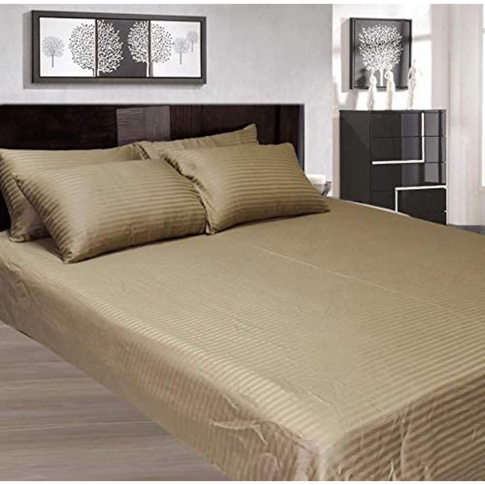 Kingtex 3 Pcs Set Bed Sheet 220x280cm, 300TC Satin Stripe 100% Cotton, Brown with 2 Pillow Cases