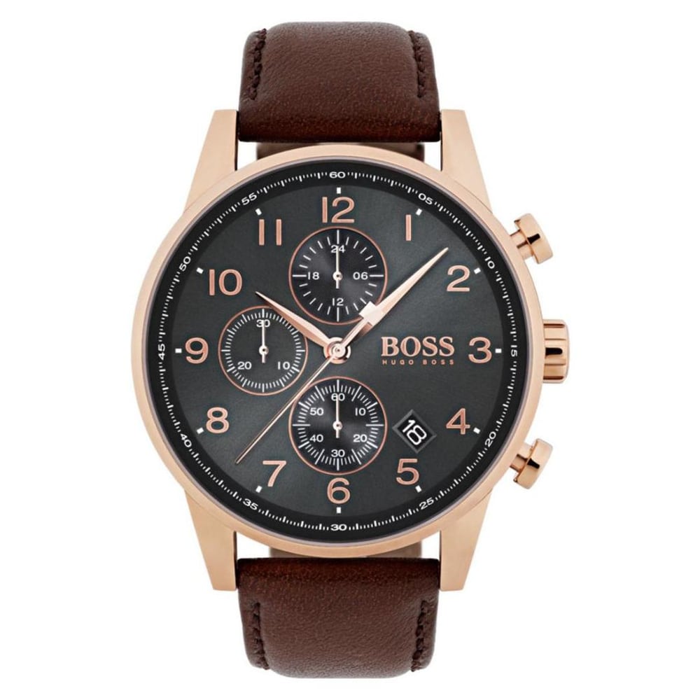Hugo Boss Navigator Watch For Men with Brown Leather Strap