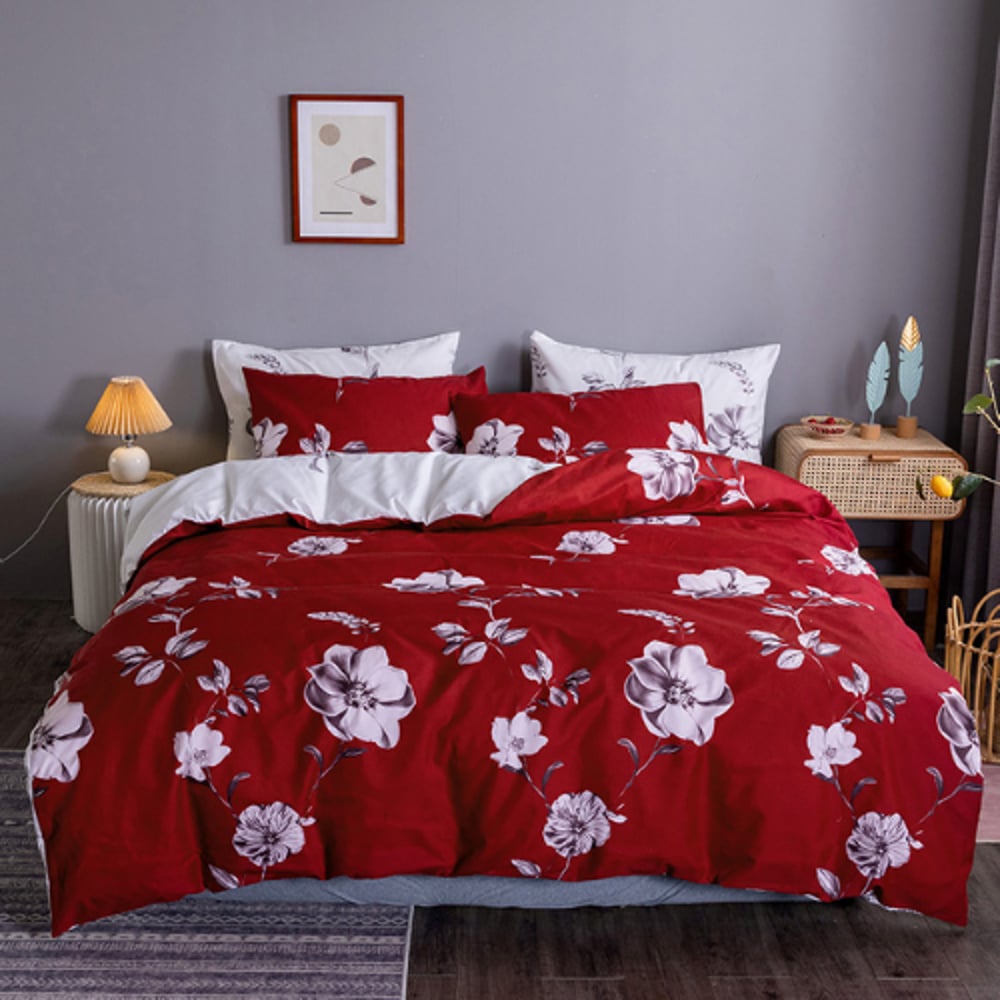DEALS FOR LESS - Queen/Double Size, Duvet Cover, Bedding Set of 6 Pieces, Red with White Floral Design, 1 Duvet cover + 1 bedsheet + 4 pillow covers. DEALS FOR LESS - Queen/Double Size, Duvet Cover, Bedding Set of 6 Pieces, Red with White Floral Design, 1 Duvet cover + 1 bedsheet + 4 pillow covers.