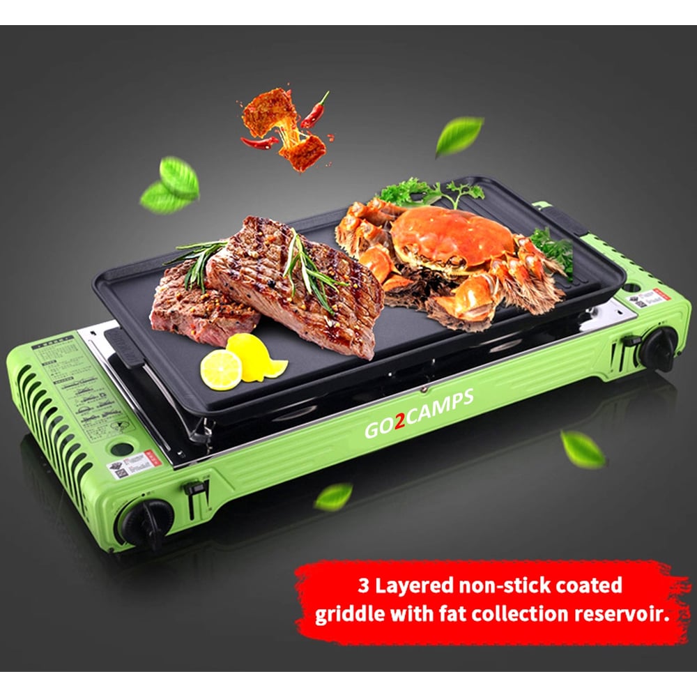 Korean Double Burner Butane Camping Stove With Bbq Grill Hotplate-burger Tray