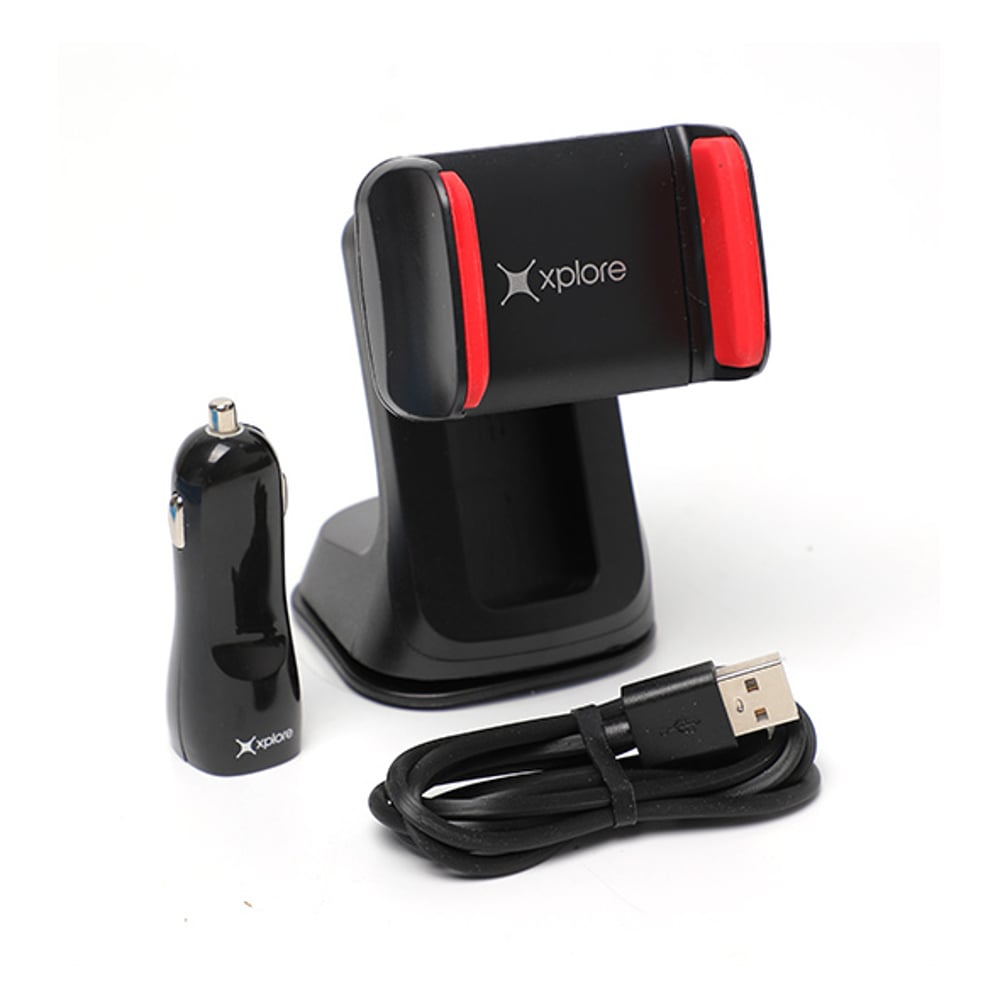 Xplore Car Charger kit With Phone Holder & Lightning Cable Black