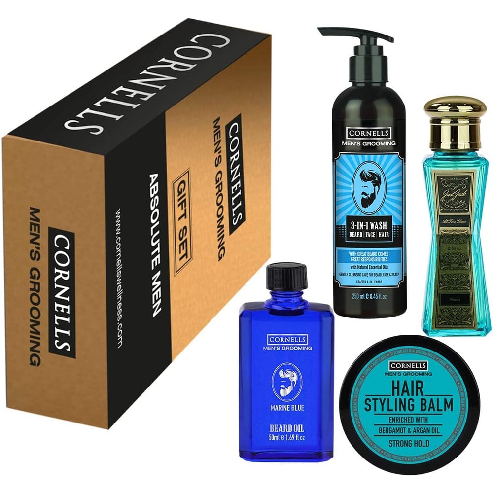 Cornells Mens Grooming Combo Kit - 3-in-1 Wash 250ml, Marine Blue Beard Oil 50ml, Hair Styling Balm 95g, Just Jack 1961 Neroli Mens Perfume EDP 50ml, Gift Sets For Him