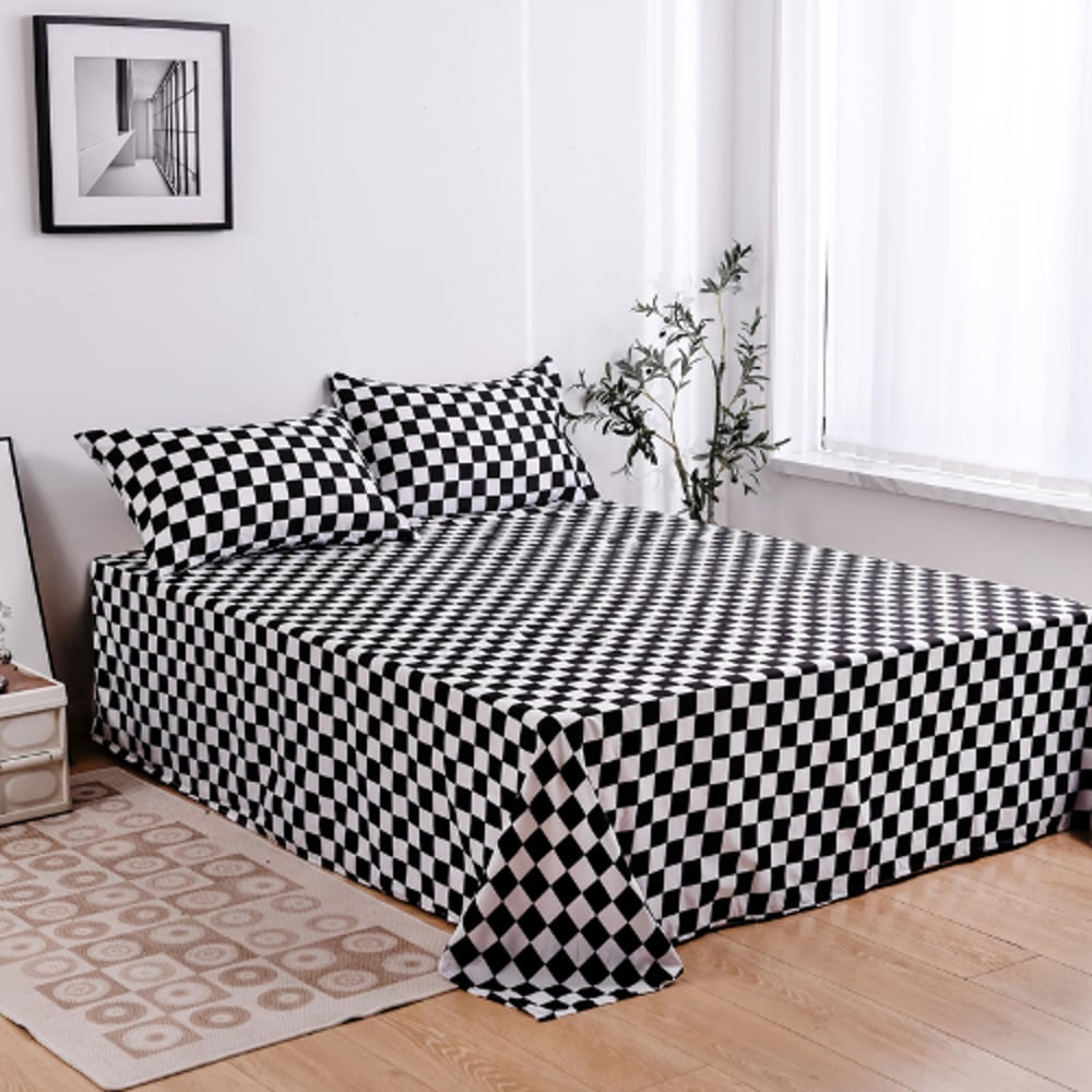 Luna Home 3 Pieces Bedsheet Set, Black Color Checkered Design