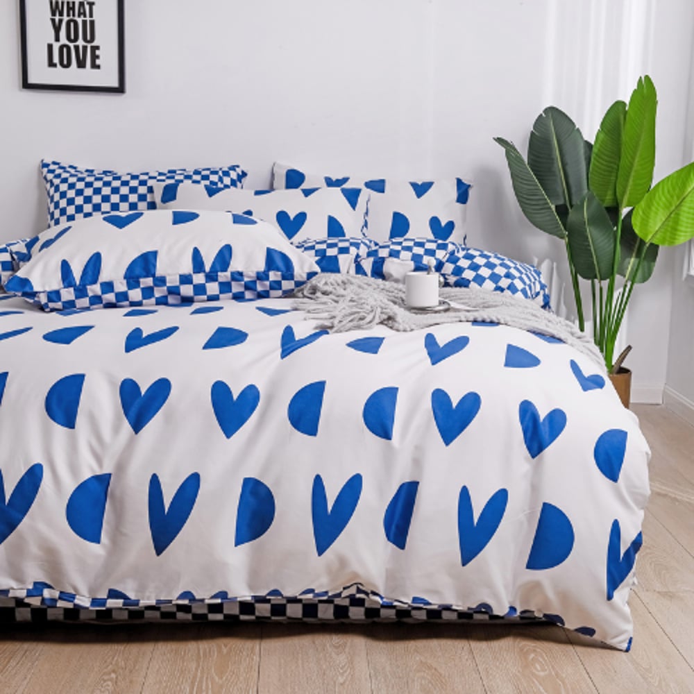 Luna Home Single Size 4 Pieces Bedding Set Without Filler, Hearts And Checkered Design Blue And White Color Luna Home Single Size 4 Pieces Bedding Set Without Filler, Hearts And Checkered Design Blue And White Color