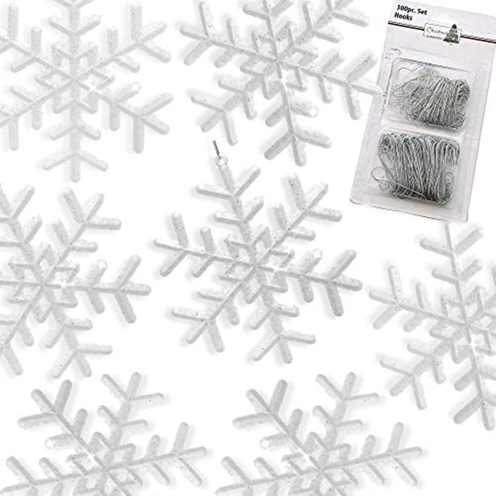 Banberry Designs Snowflake Ornaments - Set Of 24 White 'Fuzzy' Snowflakes - 300 Metal Ornament Hooks Included - Snowflake Decorations - Christmas Decor