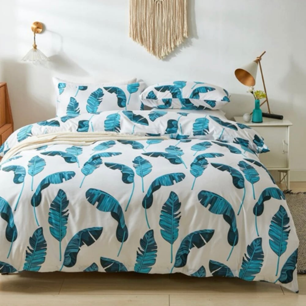 Luna Home Single Size 4 Pieces Bedding Set Without Filler, Blue Leaves Design Luna Home Single Size 4 Pieces Bedding Set Without Filler, Blue Leaves Design