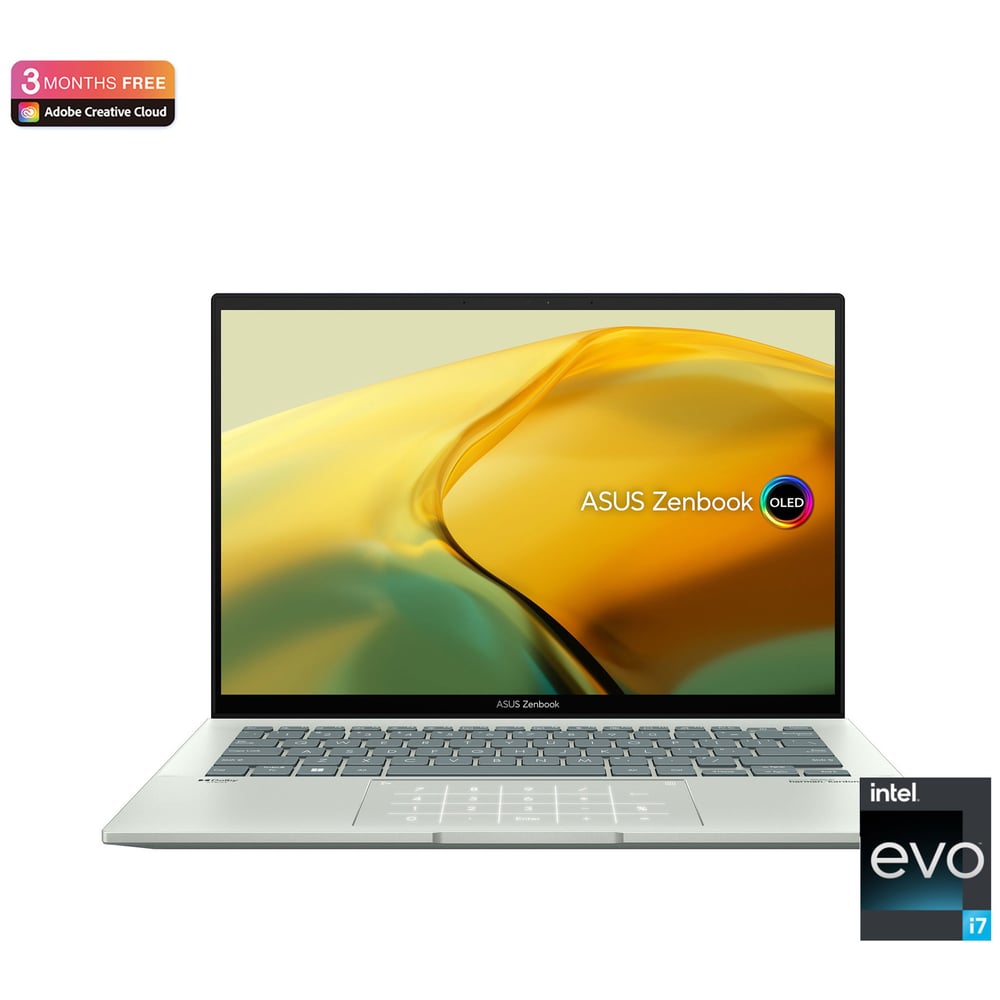 Asus Zenbook 14 OLED UX3402ZA-OLED1Q7W Slim Laptop – Core i7 2.1GHz 16GB 1TB Shared Win11Home 14inch 2.8K Aqua Celadon English/Arabic Keyboard