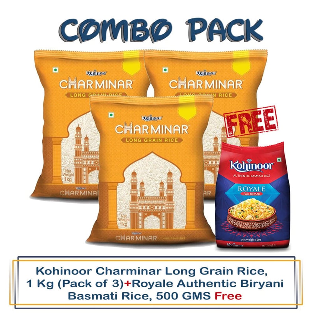 Kohinoor Charminar Long Grain Rice, 1 Kg (Pack of 3)+Royale Authentic Biryani Basmati Rice, 500 GMS free