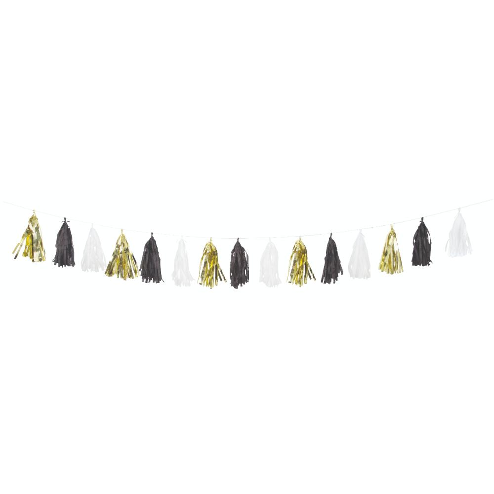 Unique- Foil & Tissue Paper Tassel Garland 9ft Gold Black White 1pcs Unique- Foil & Tissue Paper Tassel Garland 9ft Gold Black White 1pcs