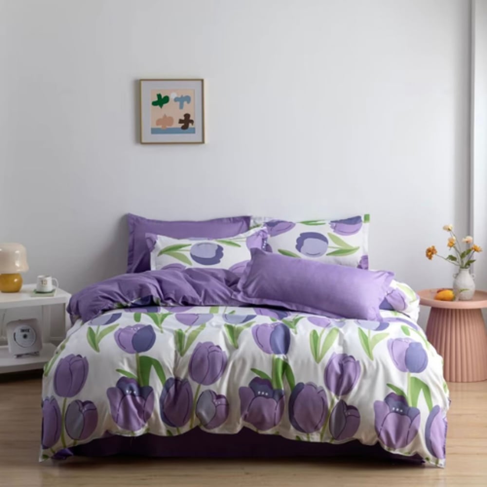 Queen/Double size 6 pieces  Reversible design Pastel Purple and White with tulip duvet cover without filler.