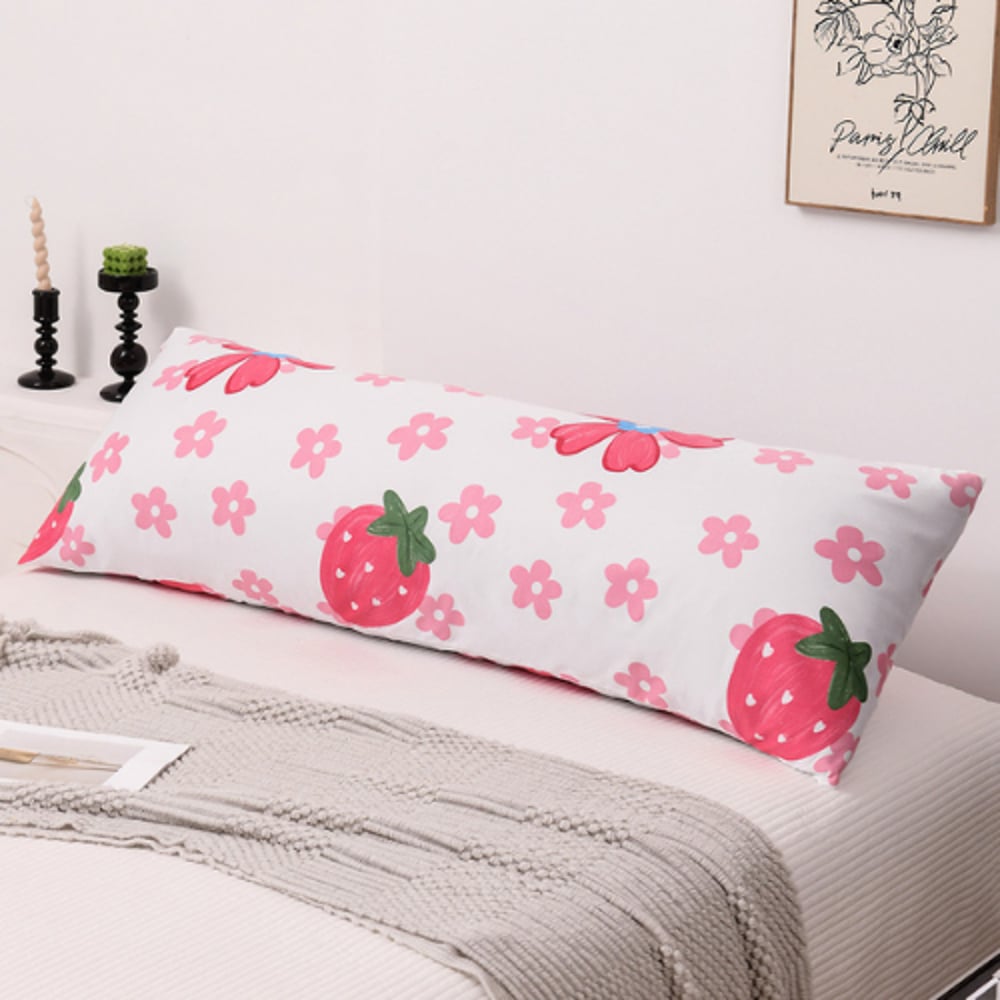 LUNA HOME 1 Piece Long Body Pillow Case, Pink Strawberry and Cute Flower Design