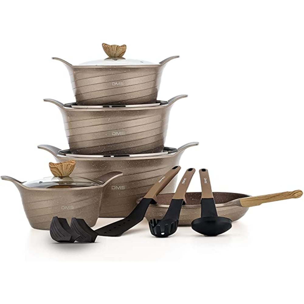 DMS® 16 Piece Induction Cookware Cooking Set Pots Casserole Pan Soup Pot with Glass Lid 3 Kitchen Utensils 4 Pieces Removable silicone handles Marbel coating dishwasher safe TSK5016CMP DMS® 16 Piece Induction Cookware Cooking Set Pots Casserole Pan Soup Pot with Glass Lid 3 Kitchen Utensils 4 Pieces Removable silicone handles Marbel coating dishwasher safe TSK5016CMP