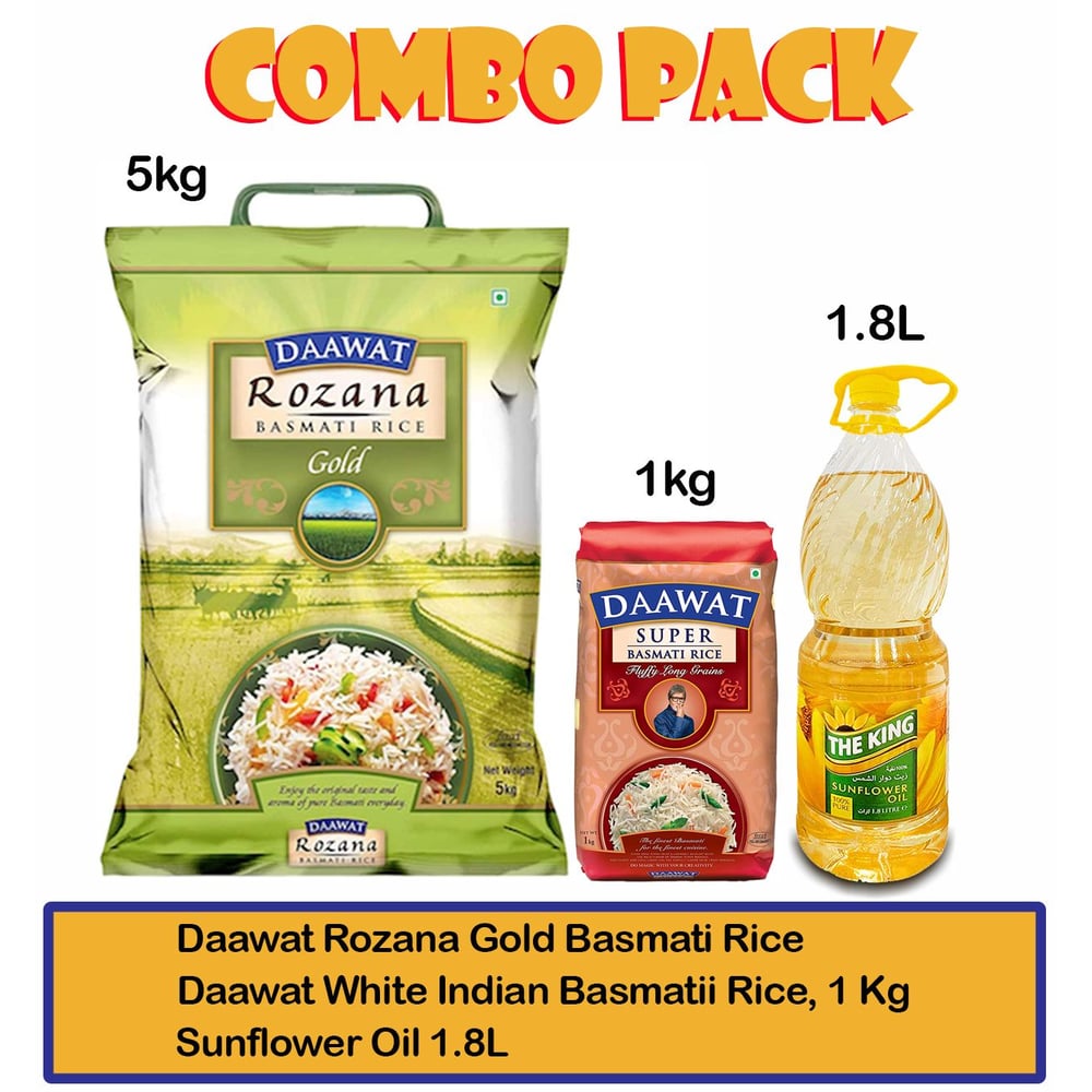 Daawat Rozana Gold Basmati Rice 5Kg + White Indian Basmatii Rice, 1 Kg + Sunflower Oil 1.8L Daawat Rozana Gold Basmati Rice 5Kg + White Indian Basmatii Rice, 1 Kg + Sunflower Oil 1.8L