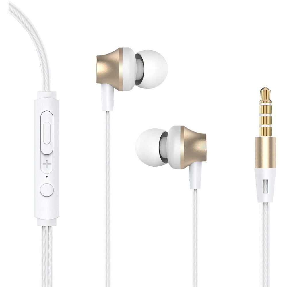 Devia HP59S Wired In Ear Earphone with Remote and Mic White and Gold Devia HP59S Wired In Ear Earphone with Remote and Mic White and Gold