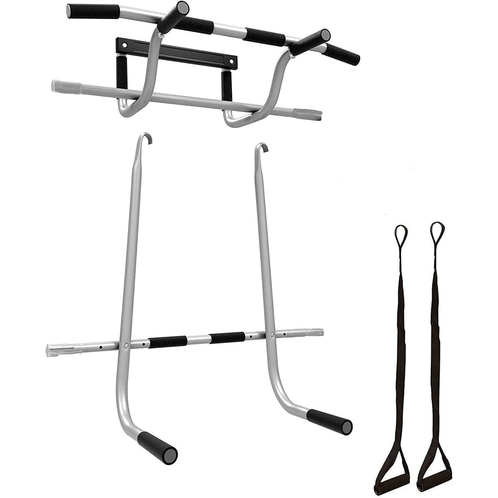 ULTIMAX Triple Door Gym Ultimate 3 in 1 Doorway Trainer Raised Height Pull Up Bar, Dips Bar & 2 Suspension Straps for Total Body Home Workout, Screw less Installation On All Doors