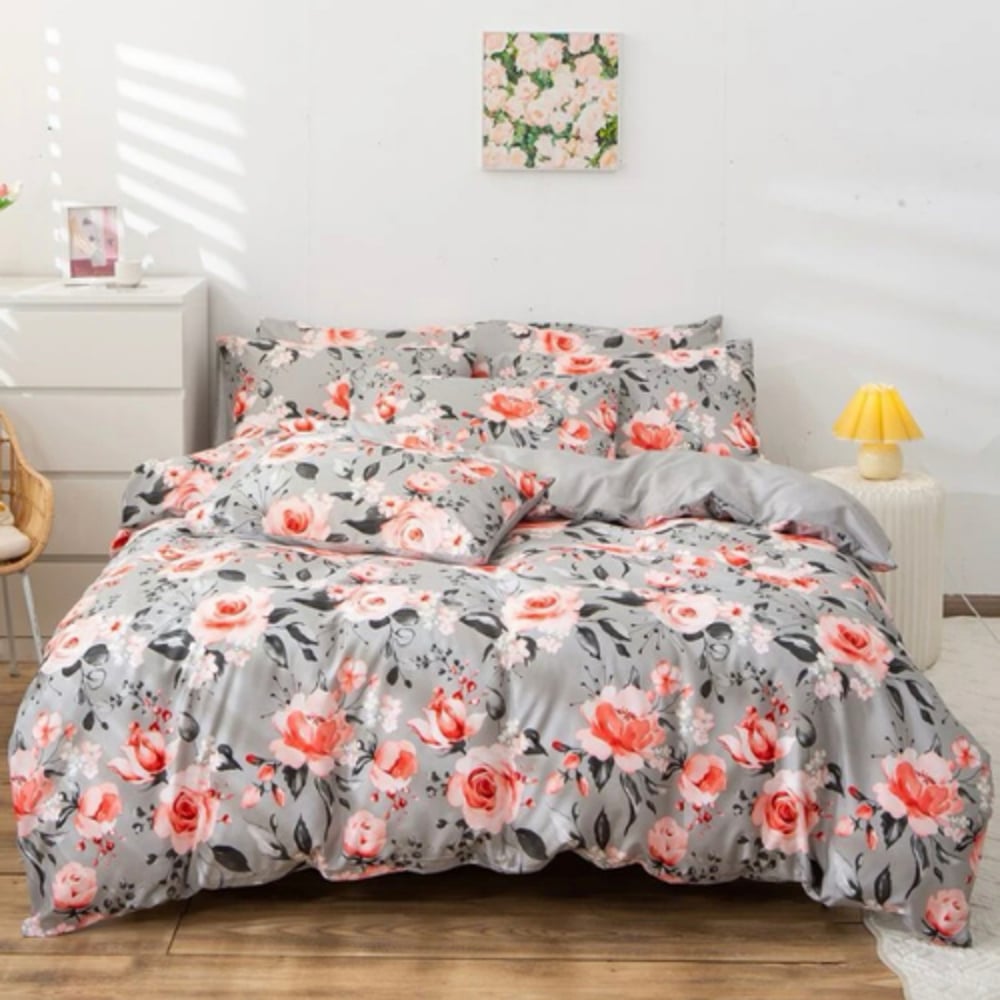 Luna Home King Size 6 Pieces Bedding Set Without Filler, Gray Color With Pink Floral Design