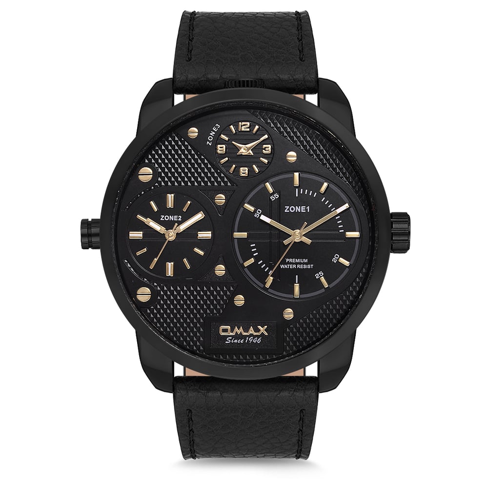 Omax Triple Time Series Black Leather Analog Watch For Men TT01M22G