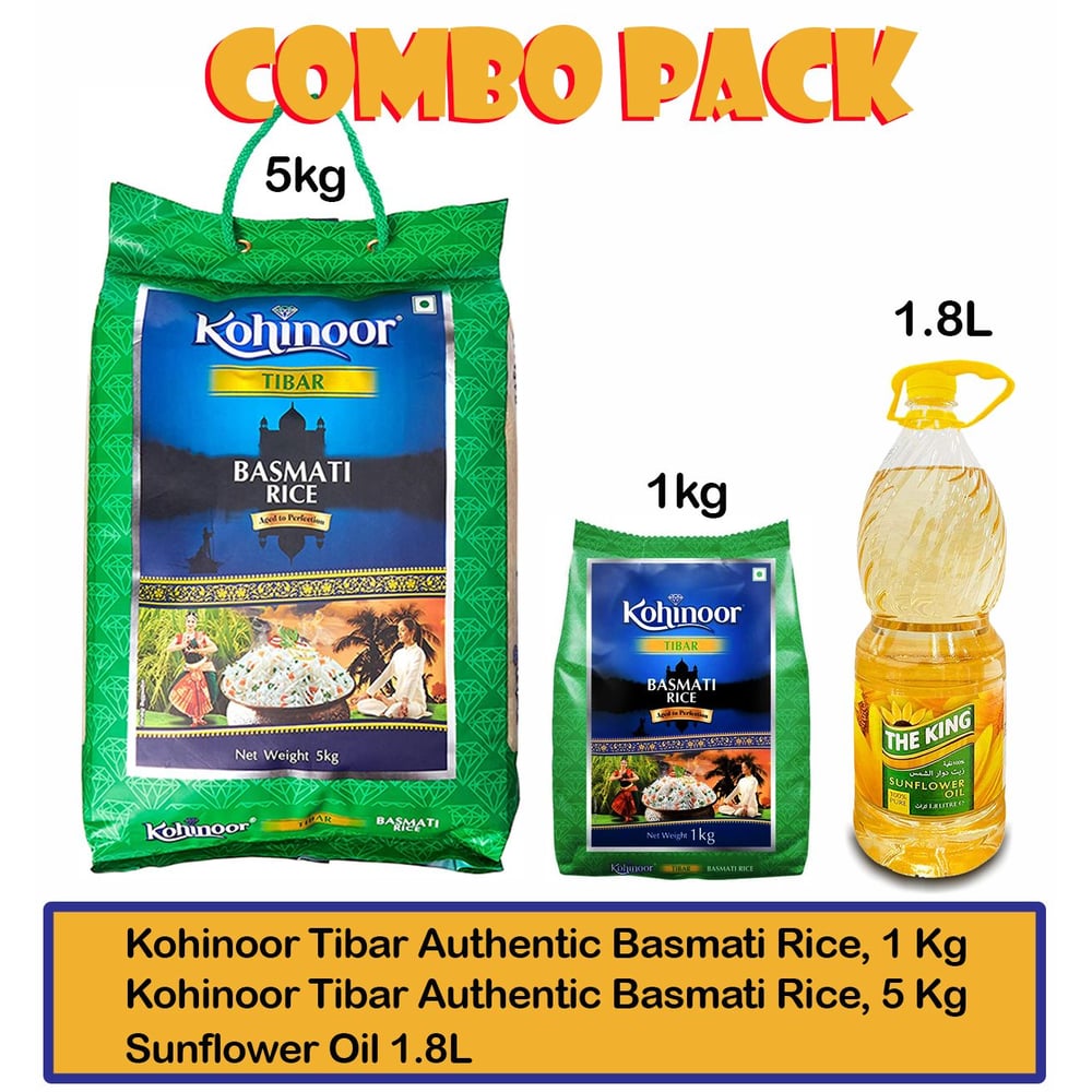 Kohinoor Tibar Authentic Basmati Rice, 5 Kg + 1Kg + Sunflower Oil 1.8L Kohinoor Tibar Authentic Basmati Rice, 5 Kg + 1Kg + Sunflower Oil 1.8L