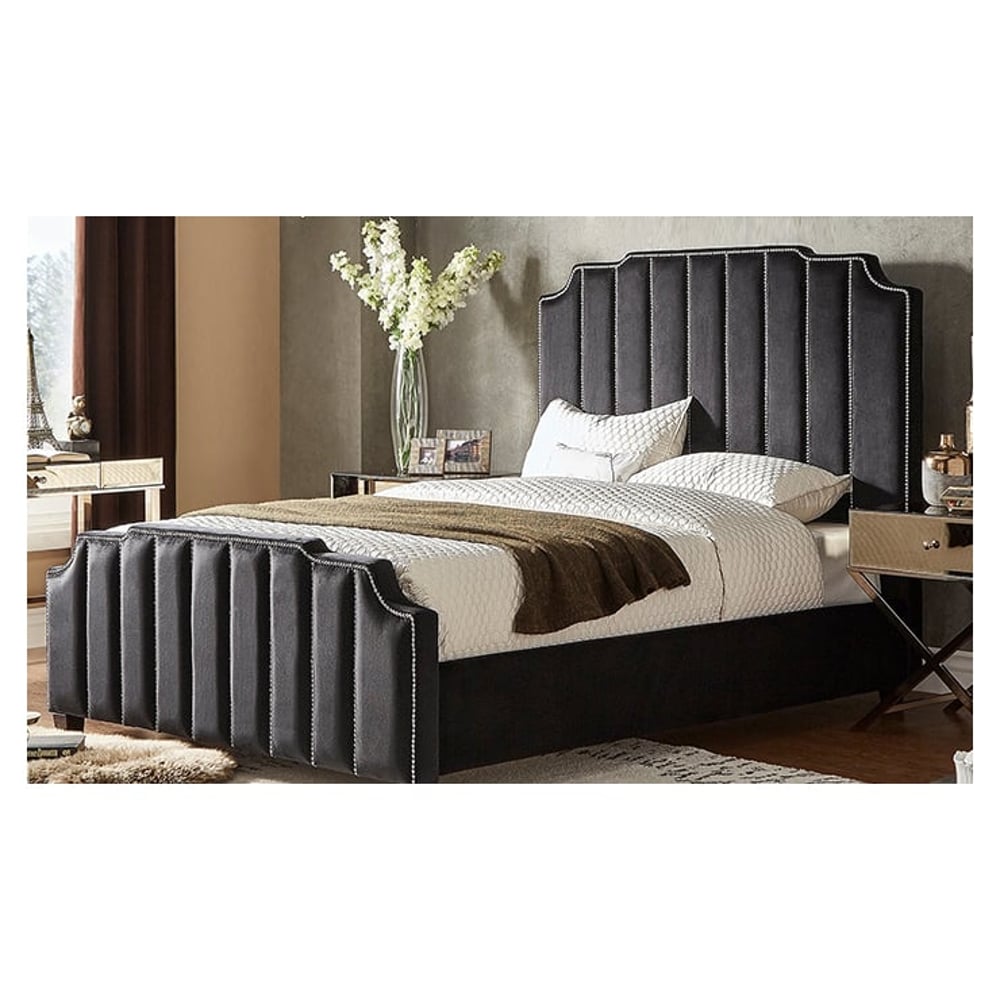 Chareau Velvet Upholstered Nailhead King Bed without Mattress Black