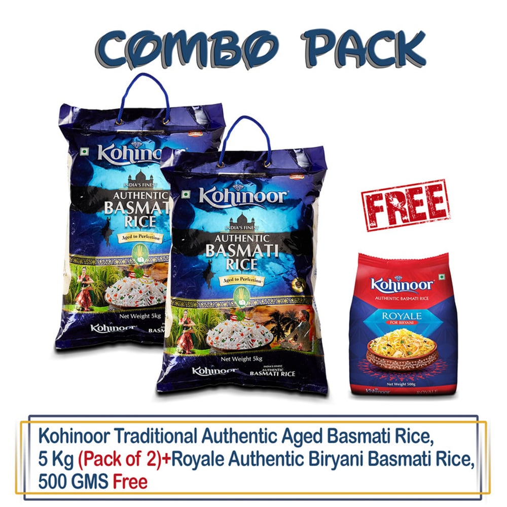 Kohinoor Traditional Authentic Aged Basmati Rice, 5 Kg (Pack of 2)+Royale Authentic Biryani Basmati Rice, 500 GMS Free Kohinoor Traditional Authentic Aged Basmati Rice, 5 Kg (Pack of 2)+Royale Authentic Biryani Basmati Rice, 500 GMS Free