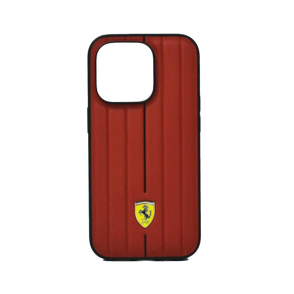 Ferrari Leather Case With Embossed Stripes Yellow Shield Logo For Iphone 14 Pro Max Red