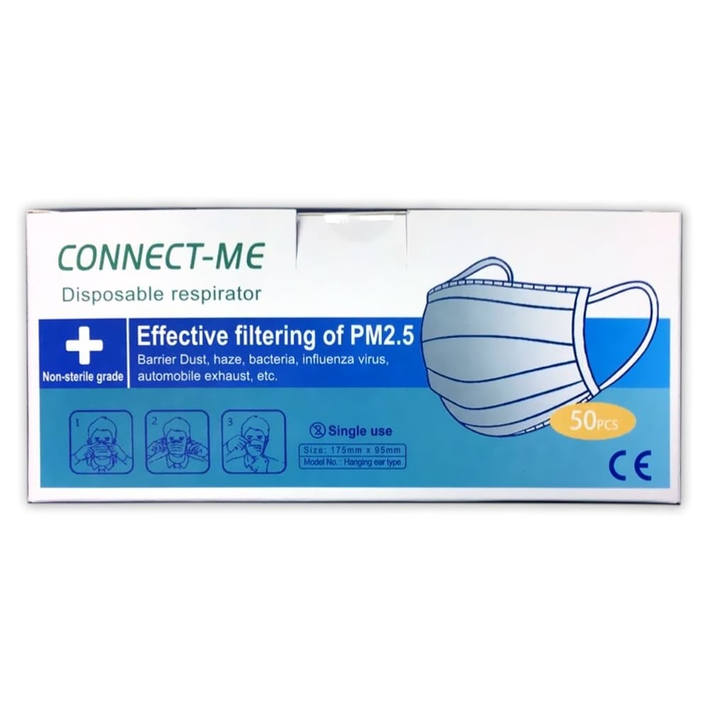 Connect-Me Disposable Respirator 3ply Face Masks 50pcs Box Connect-Me Disposable Respirator 3ply Face Masks 50pcs Box