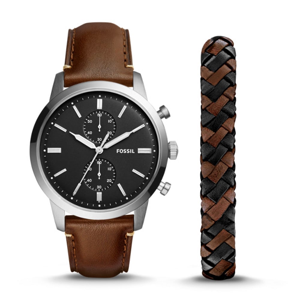 Fossil FS5394SET Townsman 44mm Chronograph Brown Leather Watch And Jewelry Box Set