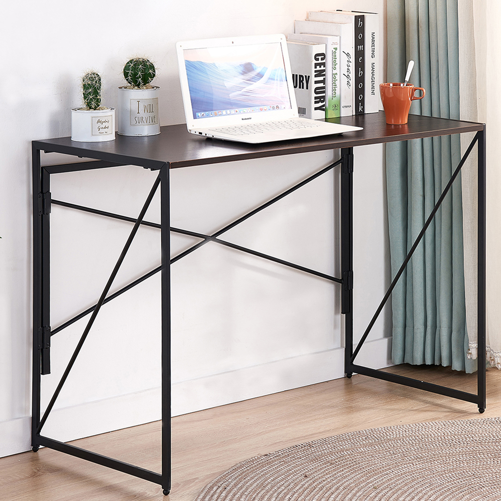 Ibama Folding Space-Saving Desk for Writing, Modern Home Office Desk Compact Home Work Study Table Computer Laptop Table, Brown Desktop and Black Frame,Easy Install Ibama Folding Space-Saving Desk for Writing, Modern Home Office Desk Compact Home Work Study Table Computer Laptop Table, Brown Desktop and Black Frame,Easy Install
