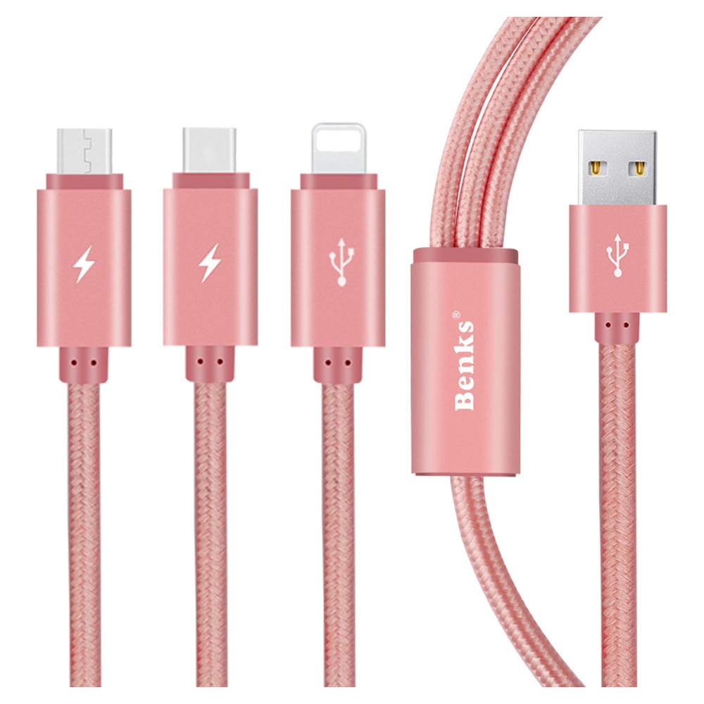 Benks D15 3in1 Lighting/ Micro USB & Type C Cable 1.2M Rose Gold - 600451RGD