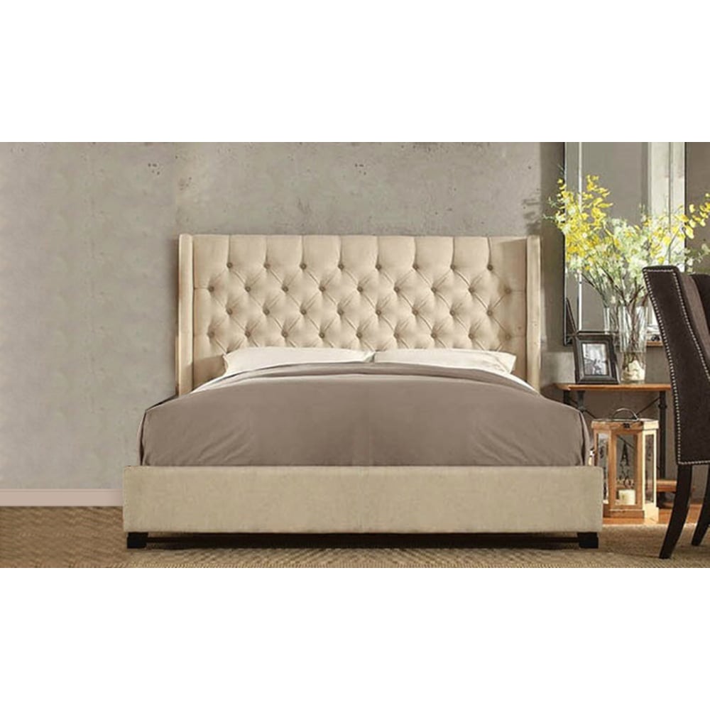 Skyline Upholstered Wingback Tufted Bed Frame Super King with Mattress Beige Skyline Upholstered Wingback Tufted Bed Frame Super King with Mattress Beige