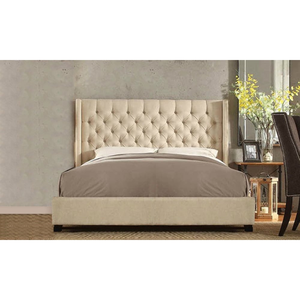 Skyline Upholstered Wingback Tufted Bed Frame Super King with Mattress Beige