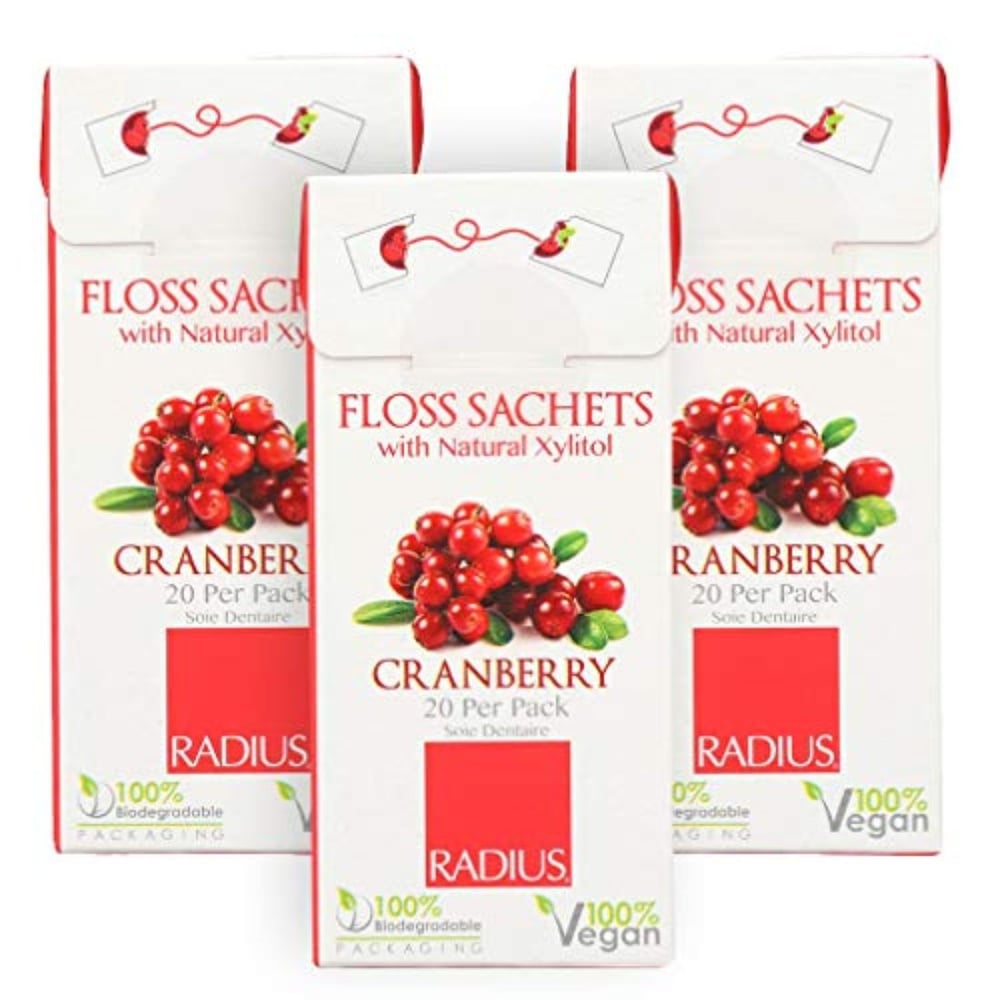 RADIUS - Natural Soft Floss, Xylitol for an Oral Care Boost, Total Tooth and Gum Protection, 100% Vegan (Cranberry, 20 Sachets) 3-Pack