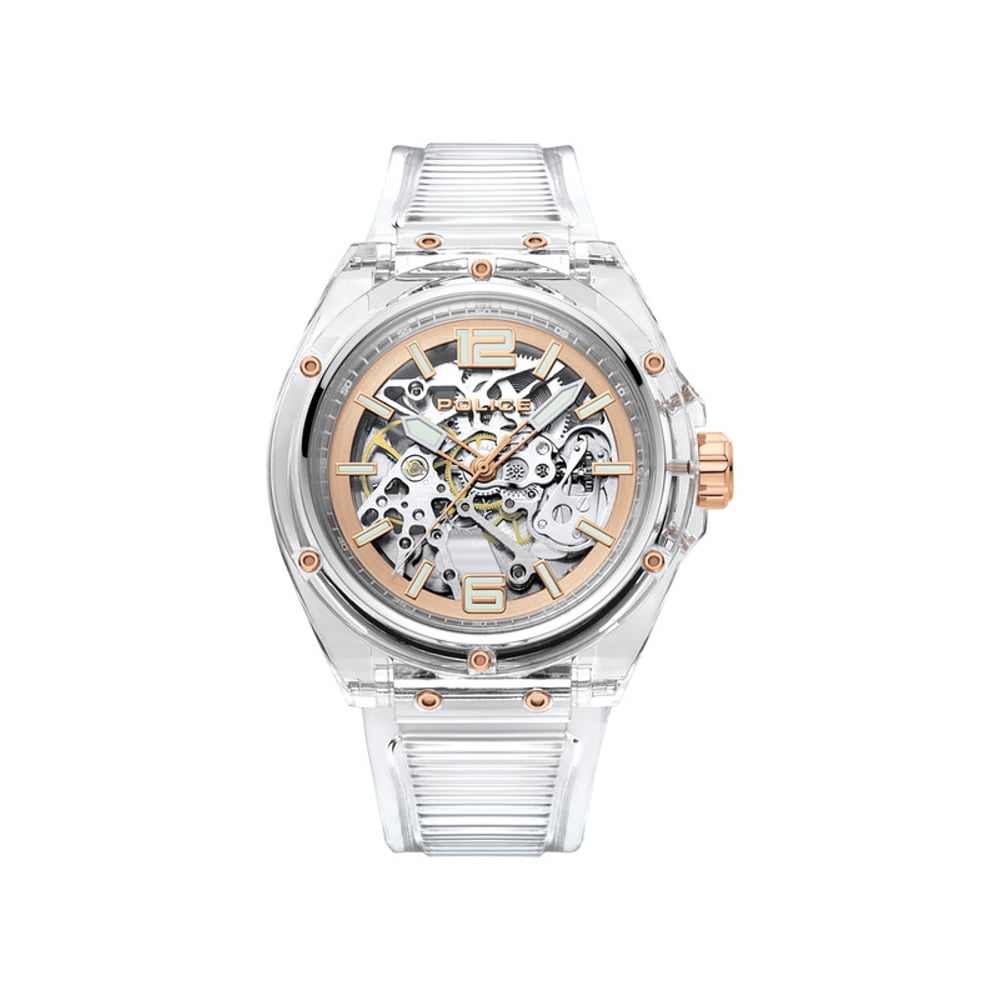 Police Men's Translucent Watch With Transparent Rose Gold Case Transparent Skeleton Dial And White Strap- P 15924jpcl-48ap Police Men's Translucent Watch With Transparent Rose Gold Case Transparent Skeleton Dial And White Strap- P 15924jpcl-48ap