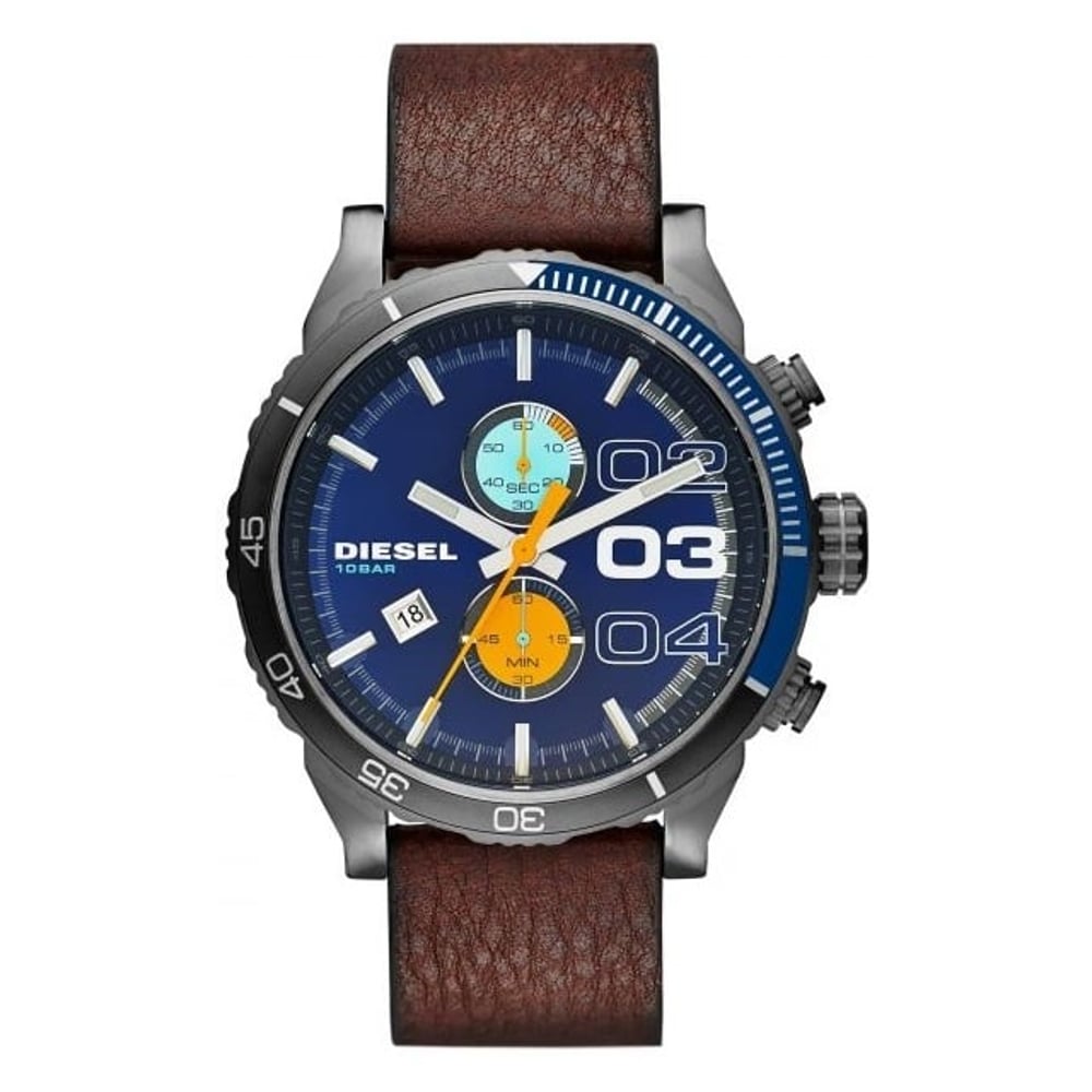 Diesel DZ4350 Double Down 2.0 Chrono Blue Dial Brown Leather Strap Men's Watch