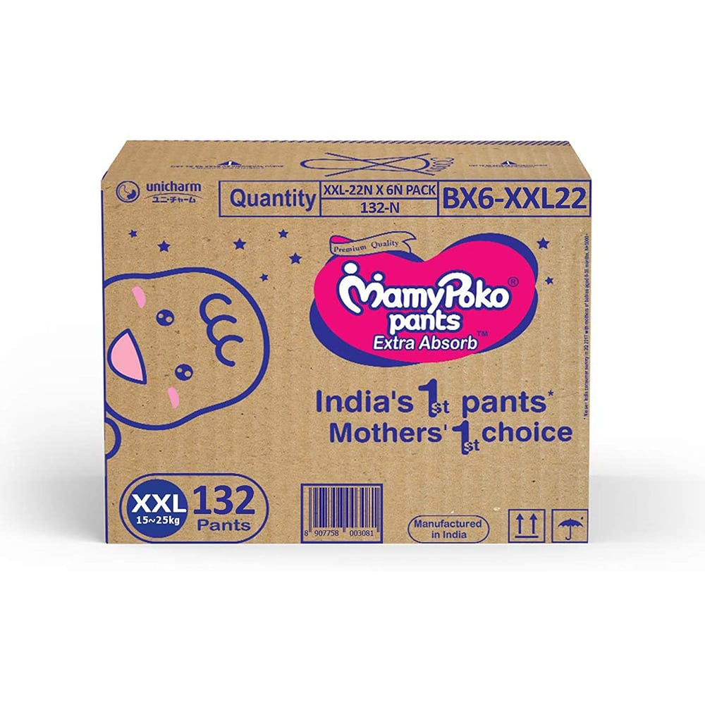 Mamypoko Jumbo Pack, Diaper Pants Extra Absorb, Size XXL, 15-22 Kg (132 Counts)