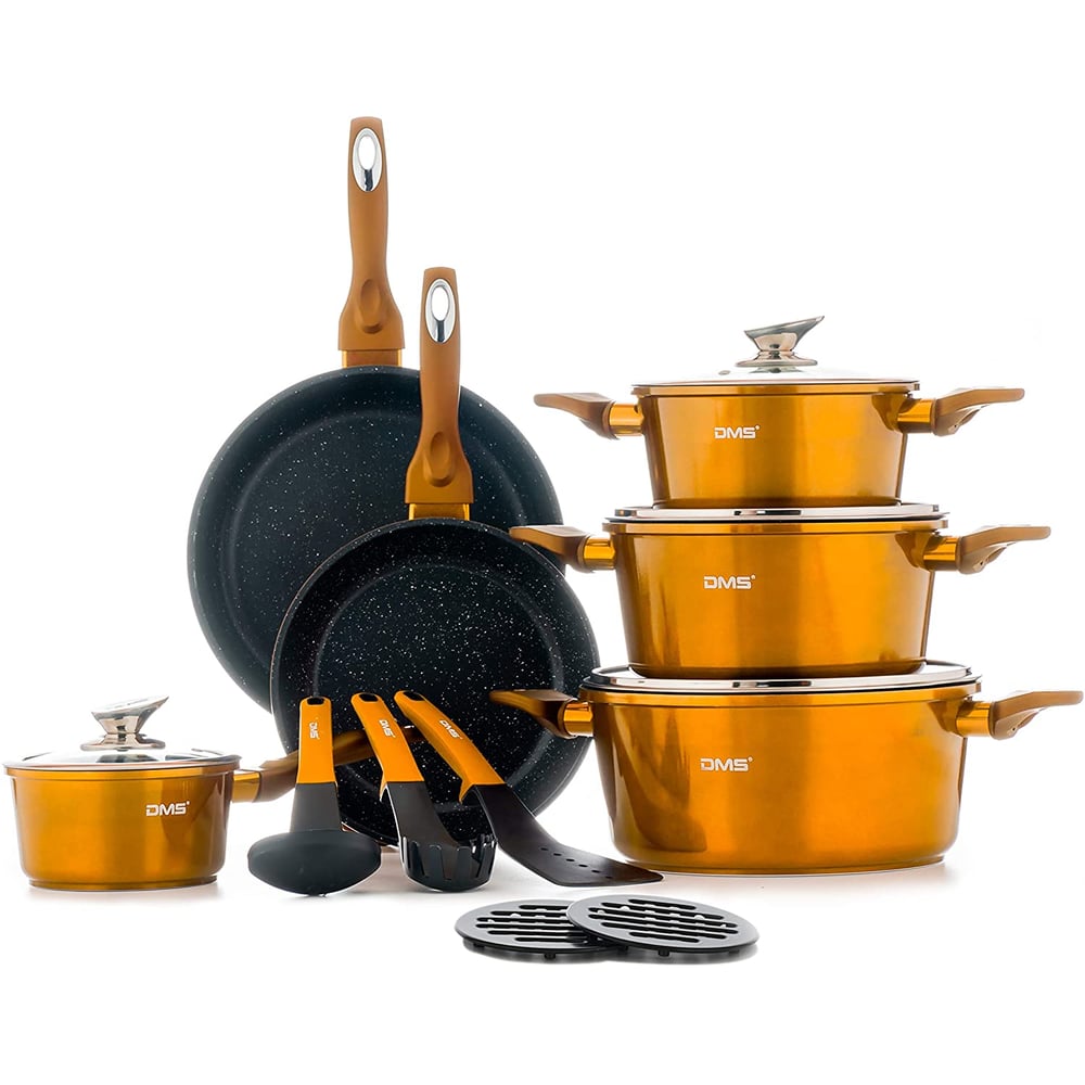 DMS® 15-Piece Induction Cookware Cooking Set Pots Pan Set Frying Pan Soup Pot with Glass Lid 3 Kitchen Utensils 2 Pot Coasters Aluminium Marbel Coating Dishwasher Safe, gold Color DMS® 15-Piece Induction Cookware Cooking Set Pots Pan Set Frying Pan Soup Pot with Glass Lid 3 Kitchen Utensils 2 Pot Coasters Aluminium Marbel Coating Dishwasher Safe, gold Color