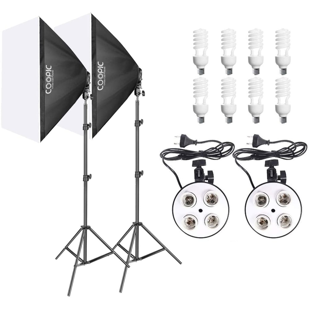 Coopic Kt-1301 Rectangle Softbox Lighting Kit With 2pcs 50x70cm Softbox, 2pcs E27 Bulb Holder, 8pcs 45w Bulbs, 2pcs 200cm Light Stand For Photo Studio Equipment Set